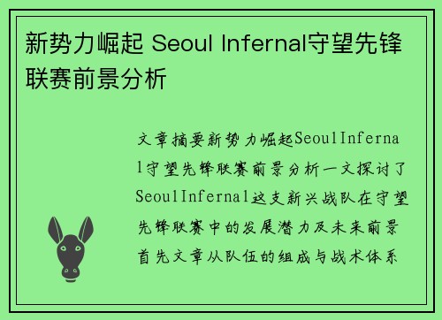 新势力崛起 Seoul Infernal守望先锋联赛前景分析
