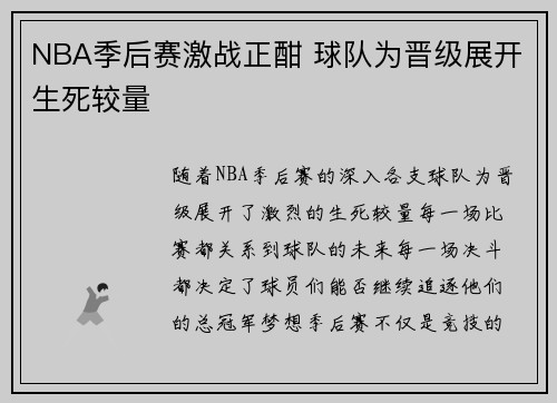 NBA季后赛激战正酣 球队为晋级展开生死较量