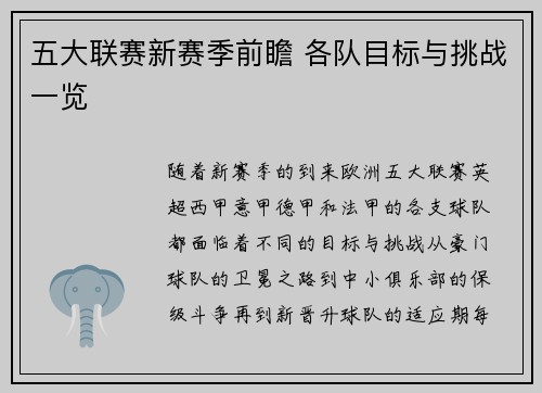 五大联赛新赛季前瞻 各队目标与挑战一览
